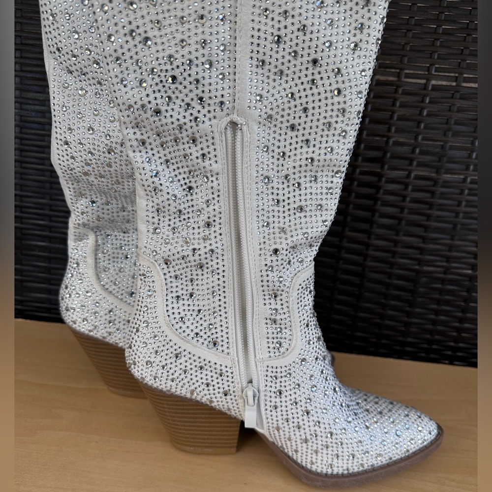 Country Glow White Rhinestone Glitter Disco Cowgirl Western Knee Boots - Picture 5 of 10